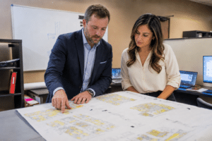 Man & Woman Collaborating over architectural floor plans