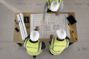 Three construction workers huddled arouns a table reviewing plans for a commercial flooring project